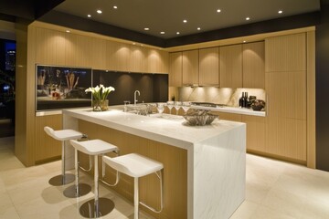 Modern Kitchen Island with White Marble Countertop and Bar Stools