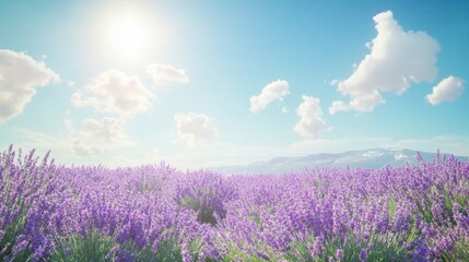 Obraz premium Lavender fields in full bloom under a sunny sky, symbolizing calm and relaxation in a flower garden