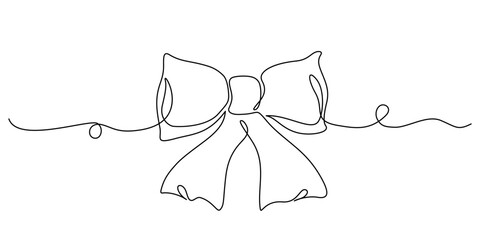 Ribbon gift bow one line art style drawing. Abstract minimal black and white vector holiday design isolated on white background.