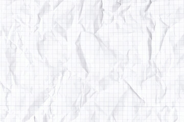 Crumpled checkered page texture background. White mathematics crumpled paper sheet with space for text