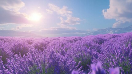 Fototapeta premium Lavender fields in full bloom under a sunny sky, symbolizing calm and relaxation in a flower garden
