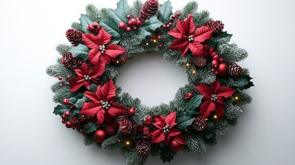 A red and green Christmas wreath with sparkling lights, isolated