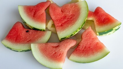 A collection of watermelon slices arranged on a white surface.
