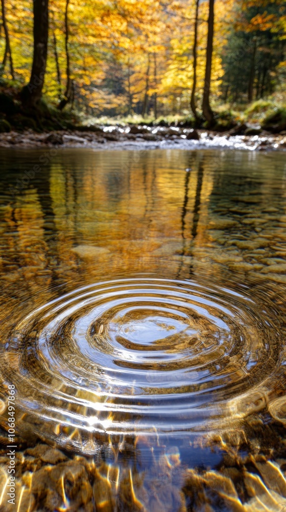 Poster a gentle ripple forms in a clear stream, reflecting vibrant autumn colors from surrounding trees in 