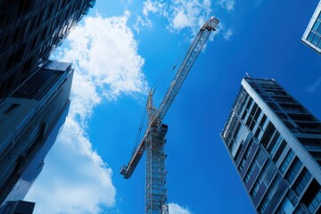 Construction crane against a blue sky symbolizing progress and the future of urban development.