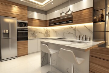 Fototapeta premium Modern Kitchen Interior with Marble Countertops and Bar Stools