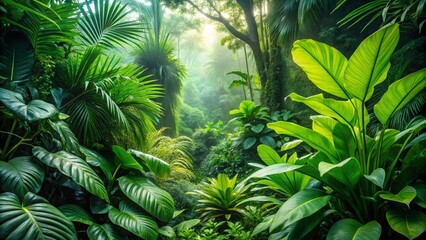 Lush Tropical Plants Foliage in a Vibrant Green Forest with Abundant Leaves and Grass, Perfect for Nature Lovers and Eco-Friendly Themes