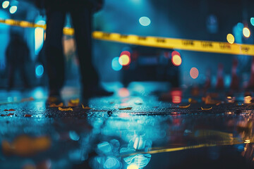 Intense Investigative Team Examining Crime Scene with Neon Lighting city crime mudrer accident, Generative AI