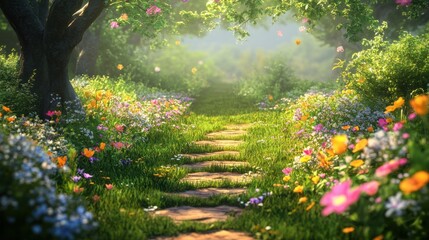Fototapeta premium Pathway surrounded by blooming wildflowers, symbolizing peace and the charm of a natural garden