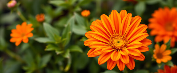 Fototapeta premium Bright orange flowers in lush green garden