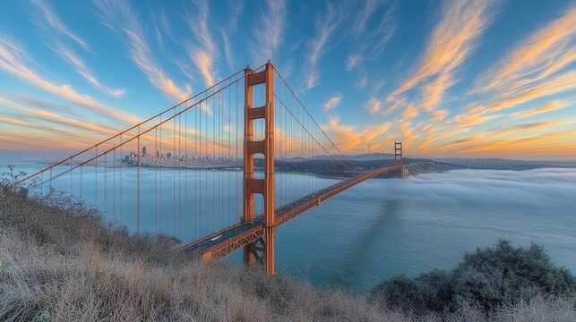 an imposing bridge captured from a low angle, framed by a clear blue sky, emphasizing its architectural marvel and engineering prowess against a vibrant backdrop
