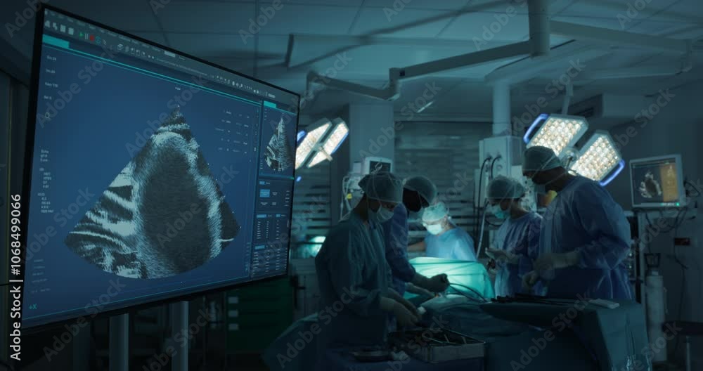 Poster Surgeons and Assistants Perform a Delicate Surgery. Large Computer Monitor Showing an Ultrasound Image with the Organs. Specialists Staying Calm, Monitoring Vital Readouts On the Screens