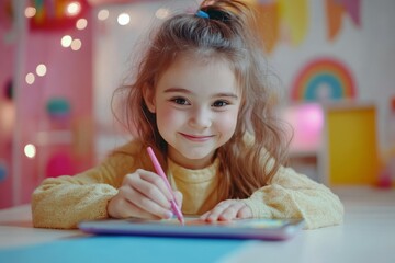 Capturing Joy: A Smiling Young Girl Engrossed in Creative Drawing in a Colorful, Whimsical Room Filled with Playful Decorations