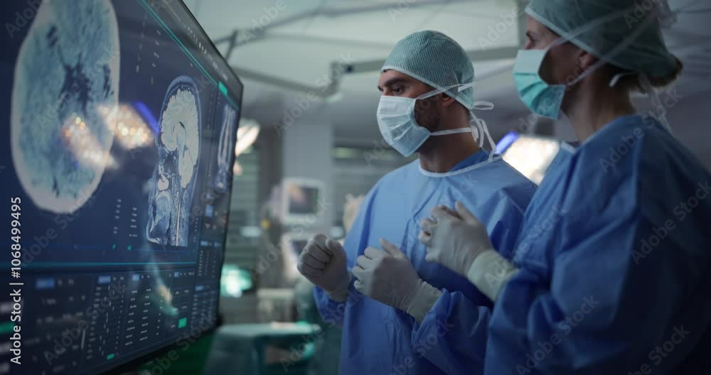 Aufkleber Diverse Colleagues Having a Discussion In the Operating Room. Female and Male Surgeons Evaluate Complex Brain Scans on a Large Display, Strategizing the Next Steps for the Operation