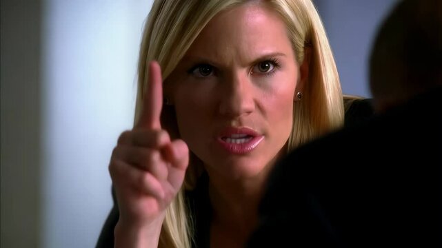 Closeup portrait of a blonde woman with an annoyed facial expression, shaking her forefinger in a "no" gesture, indicating refusal or disapproval.