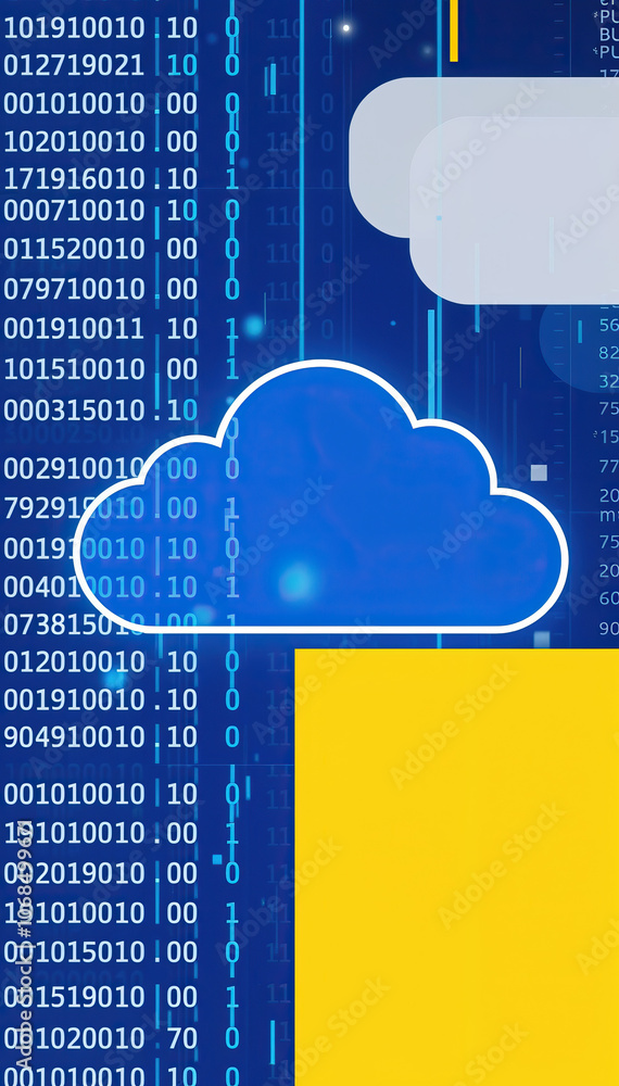 Poster cloud icon against blue and yellow blocks with binary code background technology data concept vertical format
