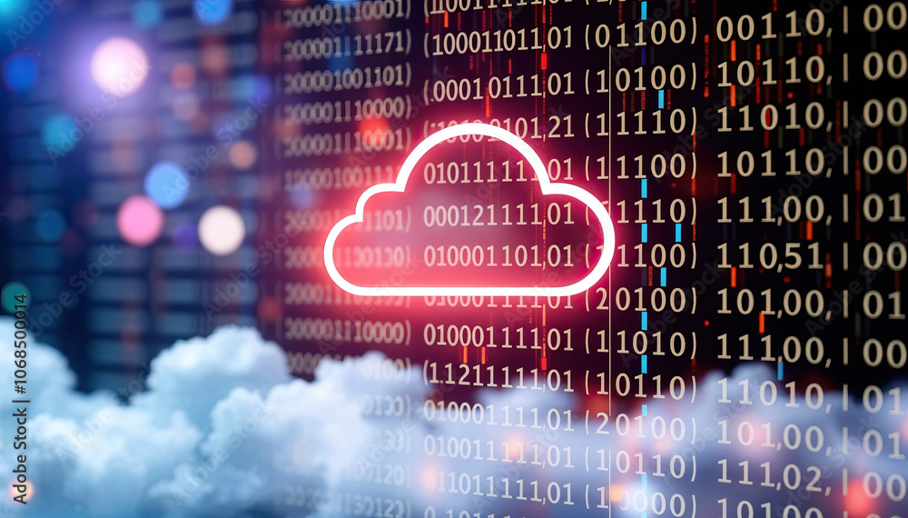 Poster red cloud icon against binary code and data concept tech digital cloud computing and technology