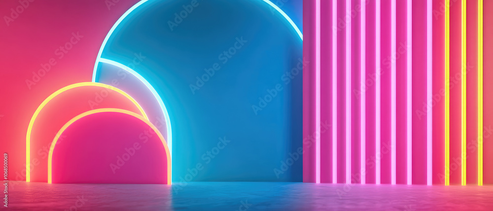 Poster neon fantasy shapes, a vibrant 3d animation featuring abstract forms illuminated by dynamic neon lig