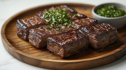 artfully presented brisket on a wooden plate against a clean white background. the rich textures and colors of the dish create an inviting and appetizing visual experience