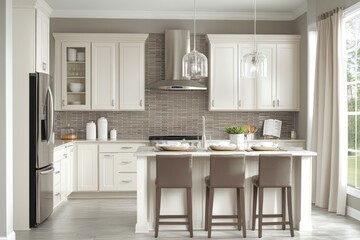 Fototapeta premium Modern Kitchen with White Cabinets, Island, and Glass Pendant Lights