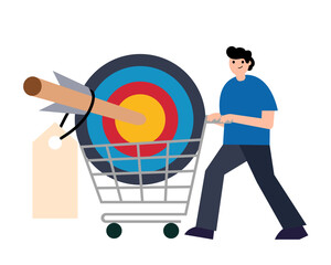 Man with cart, market price. Darts, an arrow in the bull's eye. Vector simple color flat illustration. 