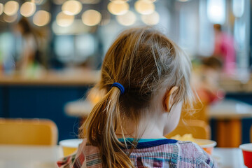 Young Child boy girl Eating Lunch in a School Canteen Setting with Juice and Food on Table,...