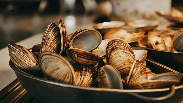 A close-up of a bowl of steamed clams, ready to be enjoyed