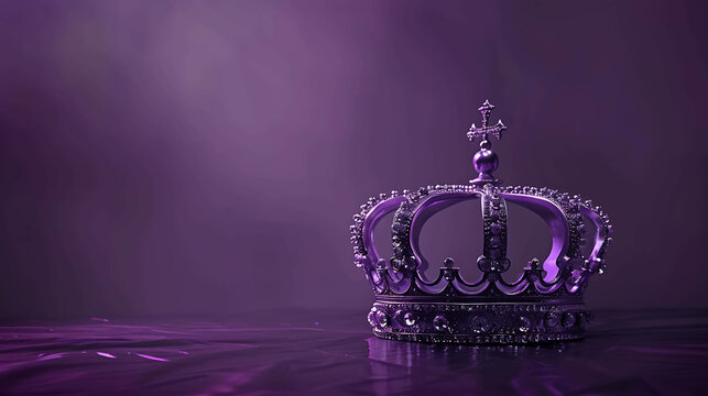 3D rendering of a silver crown with diamonds on a purple background.
