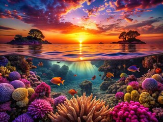 Majestic Sunset Over Coral Reef with Ocean Waves - Underwater World Night Photography, Vibrant Marine Life and Colorful Coral Ecosystem