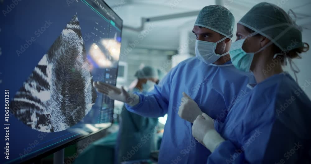 Aufkleber diverse colleagues having a discussion in the operating room. female and male surgeons evaluate comp