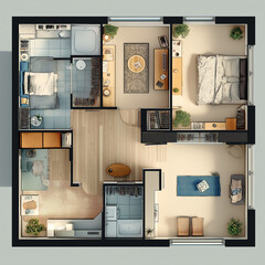 Luxurious hotel room floor plan with bedroom, living room, bathroom, top down view. Generative AI.