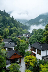 Fototapeta premium Aerial view of village in hill with mountain and forest covered in mist