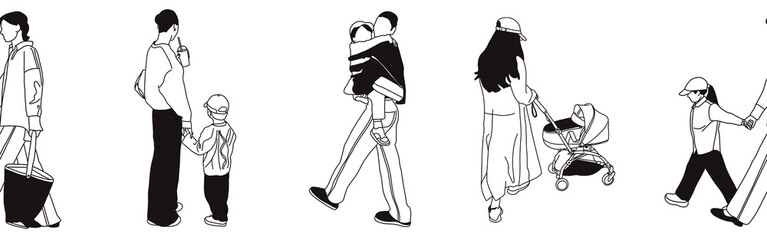 Hand-drawn doodle family border. Outline family clipart. Hand-drawn black art.