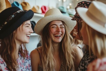 Joyful Moments: Friends Sharing Laughter and Style While Adorned in Trendy Hats in a Vibrant Boutique Setting
