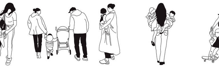 Hand-drawn doodle family border. Outline family clipart. Hand-drawn black art.