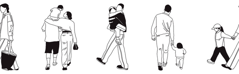 Hand-drawn doodle family border. Outline family clipart. Hand-drawn black art.