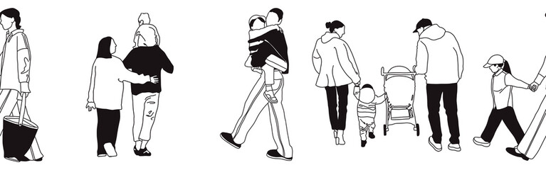 Hand-drawn doodle family border. Outline family clipart. Hand-drawn black art.