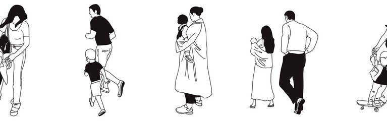 Hand-drawn doodle family border. Outline family clipart. Hand-drawn black art.