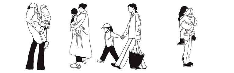 Hand-drawn doodle family icon set. Outline family clipart. Hand-drawn black art.