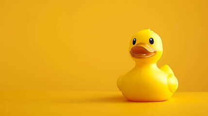 Cute yellow rubber duck on a yellow background. The duck is facing the camera with a happy expression.