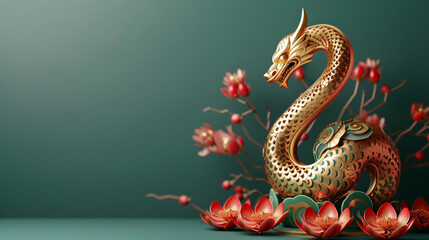 Fototapeta premium Happy Chinese New Year 2025. Chinese snake gold zodiac sign for card design. China lunar calendar animal.