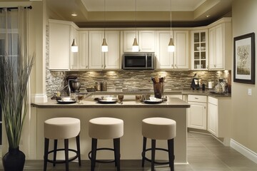 Fototapeta premium Modern Kitchen Island with White Cabinets and Pendant Lights