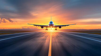 Fototapeta premium airport runway in the evening sunset light, ready for airplane landing