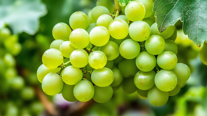 Close up of ripe green grapes shy muscat hanging on the vine in a vineyard ready for harvest.