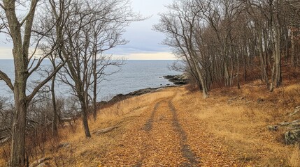 Obraz premium Bare trees along an Atlantic path with golden leaves scattered, symbolizing November calm