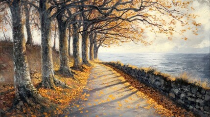 Naklejka premium Bare trees along an Atlantic path with golden leaves scattered, symbolizing November calm
