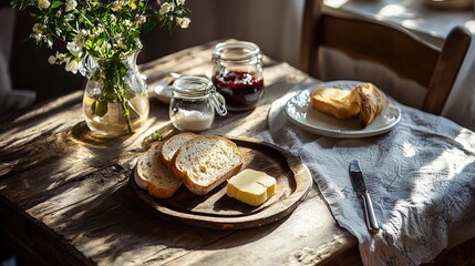 A rustic kitchen table set with fresh bread, butter, and jam, morning light casting gentle shadows