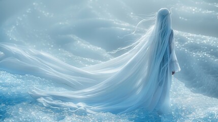 Winter season. A portrait of young woman with long white hair and white kimono on flowing ice background, fantasy or magic concept . Misty landscape,