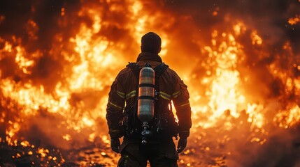 Naklejka premium back view of a firefighter clad in uniform, standing resolutely against a fiery backdrop, symbolizing bravery and dedication in the face of danger