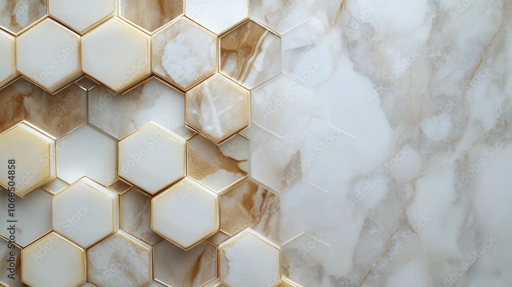 Poster a creative design featuring hexagonal tiles in earthy tones seamlessly blending with a light marble 
